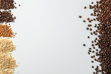 Poster - A collection of diverse coffee beans is spread out on a white background, leaving space for additional text and information. Generative AI