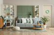 © Pixel-Shot - Cozy sofa, coffee table and shelving units in interior of living room