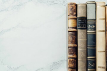 Poster - Various books of different genres are neatly arranged on a clean white background, inviting readers to explore their stories. Generative AI