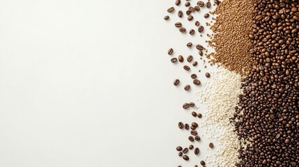Poster - A variety of coffee beans are spread out on a white background, showcasing different types and textures alongside blank space for customization. Generative AI