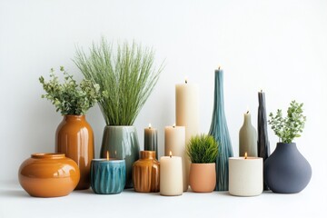 Wall Mural - A stylish arrangement of vases, candles, and small plants showcases modern home decor elements against a clean white background. Generative AI