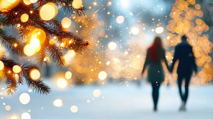 Wall Mural -   A man and woman walk through snow with a Christmas tree in the foreground and blurry lights behind them