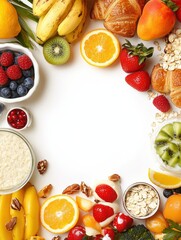 Poster - A delightful breakfast spread showcases porridge, assorted fresh fruits, an omelet, and golden croissants on a clean, light-colored table. Generative AI