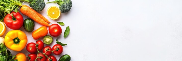 Aufkleber - A colorful variety of fresh fruits and vegetables showcases healthy eating options, featuring bright colors and diverse textures on a white surface. Generative AI