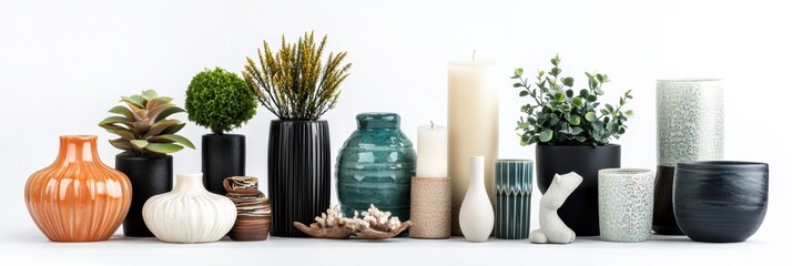 Aufkleber - A creative display features vases, candles, figurines, and small plants neatly arranged on a white backdrop. Generative AI