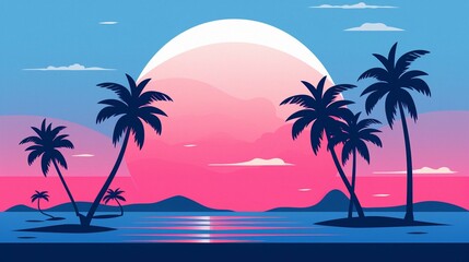 Wall Mural - Tropical Beach Sunset Illustration with Palm Trees and Ocean Waves