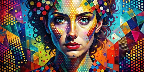 Aufkleber - abstract patchwork pattern background featuring giclee dots, lines, and strokes in a vibrant color p