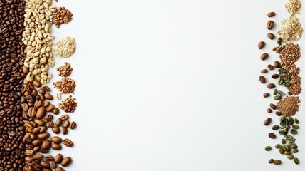 Poster - Collection of diverse coffee beans spread on a white surface, showcasing the rich textures and colors, with ample space for promotional details. Generative AI