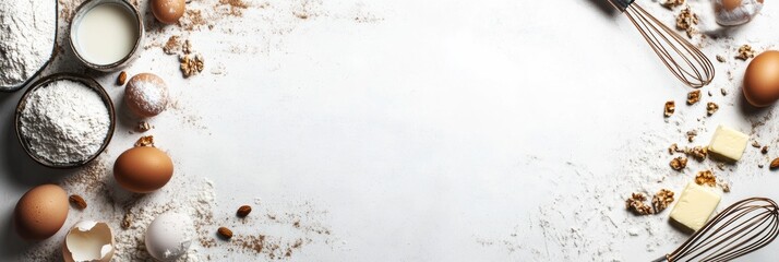 Poster - Essential baking ingredients such as flour, eggs, and butter are artfully arranged on a white surface, leaving room for text or recipes. Generative AI
