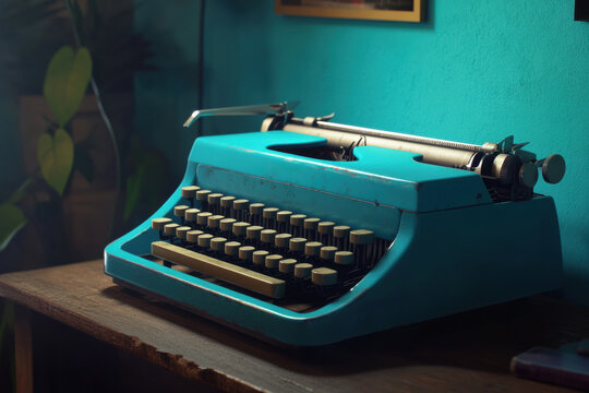 A retro blue typewriter sitting on a wooden desk, against a soft teal background, with soft lighting emphasizing its vintage design.