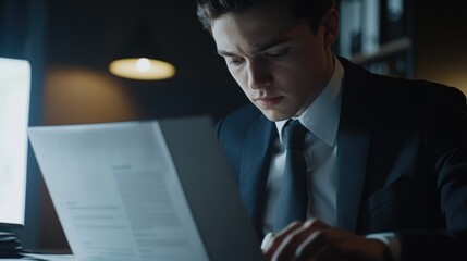 Wall Mural - Businessman Reading Financial Documents at Night