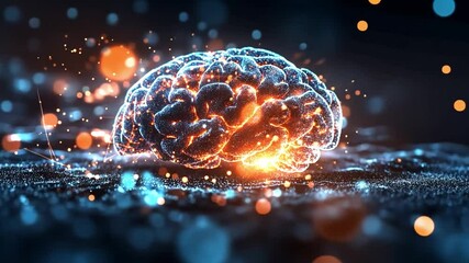 Poster - A glowing brain illuminated by vibrant colors and sparks against a dark background at night