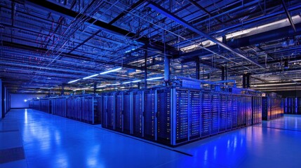 Poster - Vast Data Center Hall with Blue Lighting and Rows of Servers in a Modern High-Tech Facility