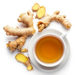 Poster - Cup of ginger tea surrounded by fresh ginger root on white background, shot from above