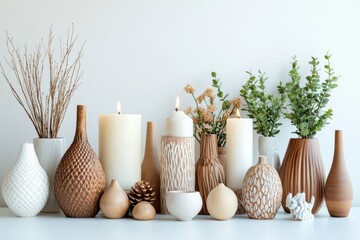 Aufkleber - Decorative items including vases, candles, and small plants are artistically arranged against a clean white background, enhancing aesthetic appeal. Generative AI