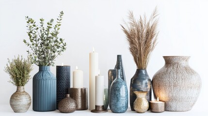 Aufkleber - A collection of stylish home decor items showcases various vases, candles, and small plants arranged harmoniously on a white background. Generative AI