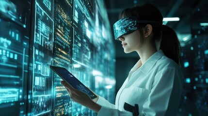 Poster - A female IT specialist uses a tablet to interact with augmented reality visuals in a high-tech server environment