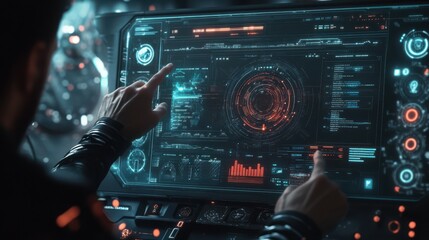 Poster - A person using a futuristic HUD interface, KPIs, BI, technology, and data