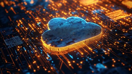 Poster - AI and technology cloud computing for transmitting, storing, and backing up data. Concept for a futuristic business network.