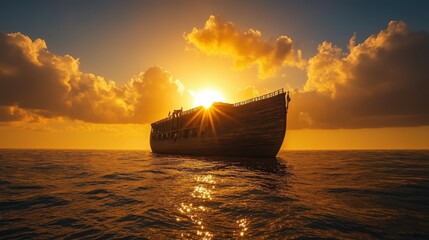 Canvas Print - An awe-inspiring sight unfolds as the sun sets behind Noah's Ark, casting a golden glow over the horizon. In this majestic moment, the ark stands as a beacon of hope and salvation