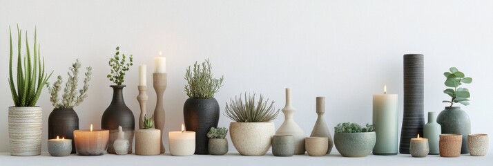 Aufkleber - A variety of decorative vases, candles, and small plants are beautifully arranged on a clean, white surface, showcasing modern home decor. Generative AI