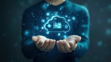 Poster - Businessman holding cloud computing infographics and technology icons, Stock-generated concept of technology innovation and transformation