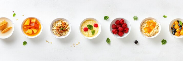 Aufkleber - Delicious breakfast spread showcases porridge, fresh fruits, omelet, and croissant, perfect for enjoying a nourishing start to the day. Generative AI