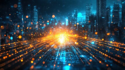 Poster - Conceptual design for a glowing digital city background. Future and technology