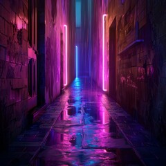 Poster - Rain falling on an empty, dark urban alley at night, illuminated with pink and blue neon lights