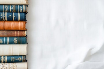 Aufkleber - Books of different genres are neatly lined up on a white background, creating a warm and inviting reading space perfect for book lovers. Generative AI