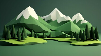 Wall Mural - Summer Landscape Illustration of Mountains and Trees by a River with a House and Road