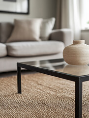 Wall Mural - Minimalist living room with vase on glass table.