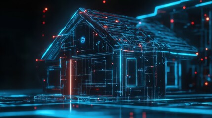 Poster - Graphite house with futuristic network technology. Blue neon background. Smart home.