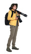 © New Africa - Photographer with backpack, camera and other professional equipment on white background