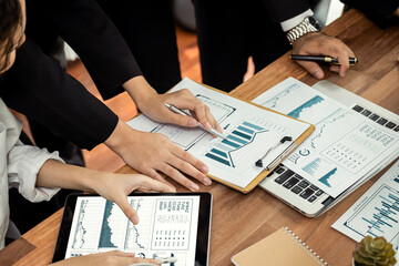 Poster - Financial data analysis dashboard by Fintech BI or business intelligence display on tablet screen to in-depth financial data analysis by business people planning marketing on table. Meticulous