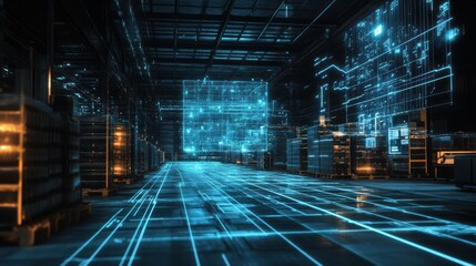 Poster - In a logistics center, supply chain network diagram is projected holographically with dynamic and dramatic compositions, including stock copy.