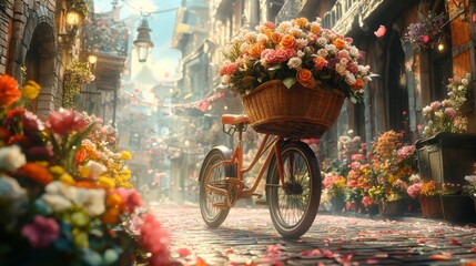 Poster - A charming bicycle with a basket full of colorful flowers is parked on a cobbled street surrounded by blooming plants. The warm light of sunset casts a magical glow over the vibrant scene.