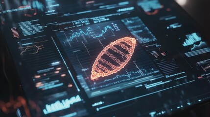 Poster - Integrated 3D digital DNA screen featuring HUD data analysis for body research. Infographic showcasing DNA sequencing, health metrics.