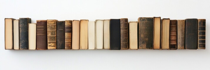 Poster - Vintage books of different colors and sizes are neatly arranged on a plain white background, presenting a charming collection for readers. Generative AI