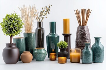 Aufkleber - Vibrant array of home decor items featuring vases, candles, figurines, and small plants showcased on a clean white surface. Generative AI