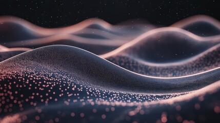 Poster - Modern illustration of data technology. Abstract futuristic background with a wave of dots and lines on a dark background. Particles flowing in a wave pattern