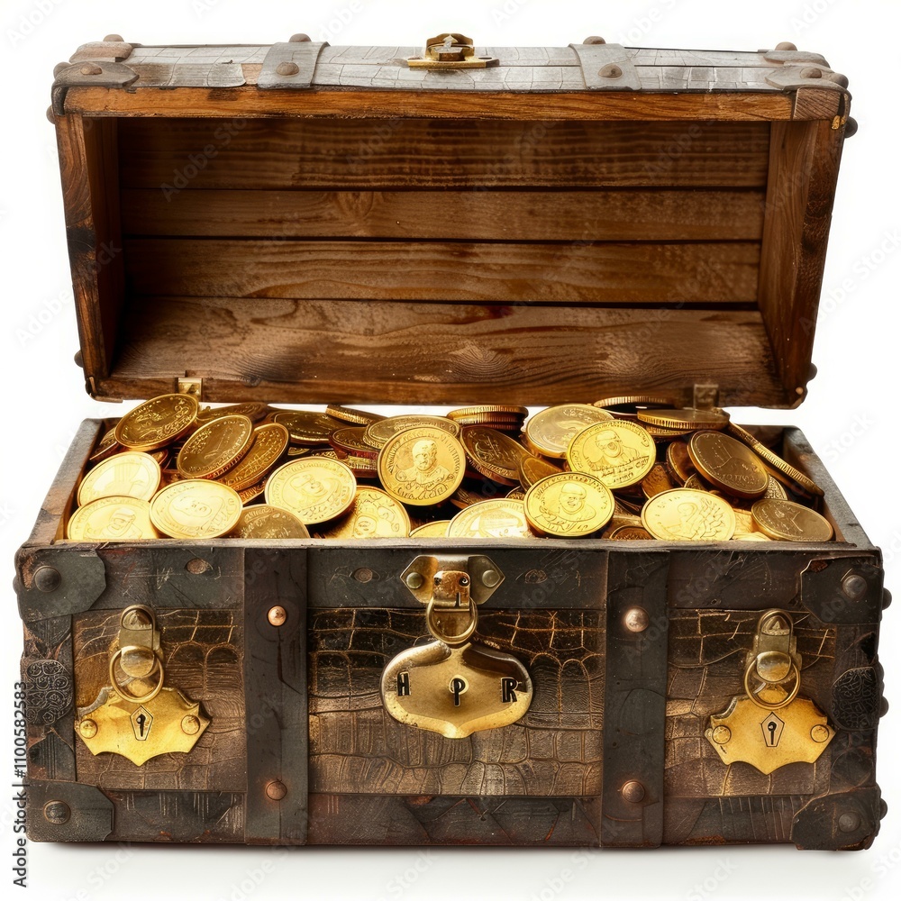 Old wooden treasure chest overflowing with gold coins isolated on white ...
