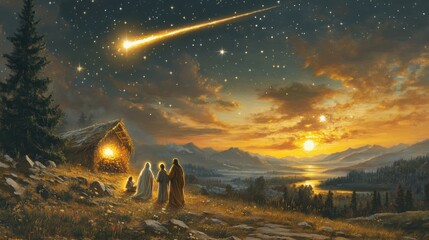 Wall Mural - nativity of jesus - scene with the holy family with comet at sunrise