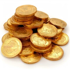 Poster - Pile of shiny gold coins is sitting on a white surface, representing wealth and abundance