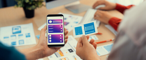 Poster - panorama banner of startup ux developer or company employee design user interface or ui prototype fo