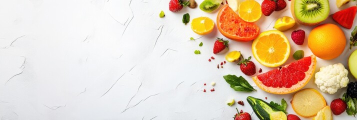 Aufkleber - Fresh fruits and vegetables create a vibrant display on a bright background, showcasing a variety of colors and textures for healthy meals. Generative AI