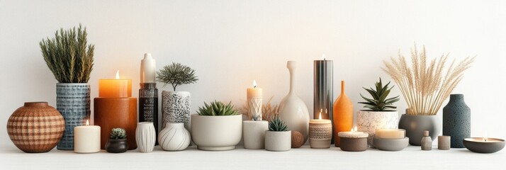 Aufkleber - A beautiful arrangement features various vases, candles, and small plants on a bright white surface, enhancing any interior space's appeal. Generative AI