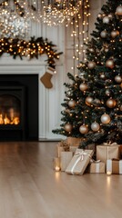 Poster - Warm light fills a cozy room adorned with a beautifully decorated tree, stockings hung by the fireplace, and presents stacked on the floor