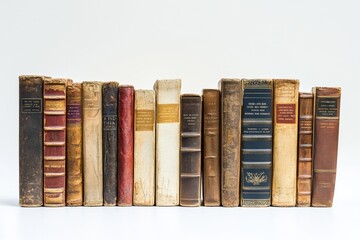 Poster - A collection of classic books from various genres is neatly lined up, showcasing their unique covers against a clean white backdrop. Generative AI