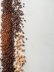 Poster - Different types of coffee beans are spread out on a clean white surface, showcasing their rich colors and textures, ideal for labeling. Generative AI